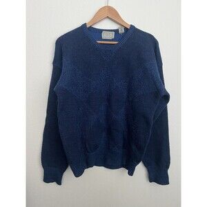 VTG Bill Ditfort Designs Blue Wool Chunky Knit Checkered Sweater Medium Grandpa
